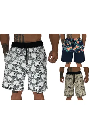 Alto Conceito Kit 3 Bermuda Moletom e Moletinho MXD Conceito Academia Musculação Caveira Alvejado, Caveira Creme e Bicolor Floral/Azul Marinho