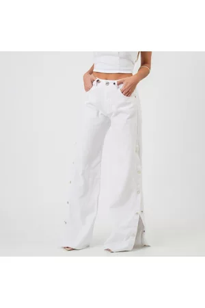 Bloom Calça Jeans Color Wide Cintura Alta Botões Laterais Branca