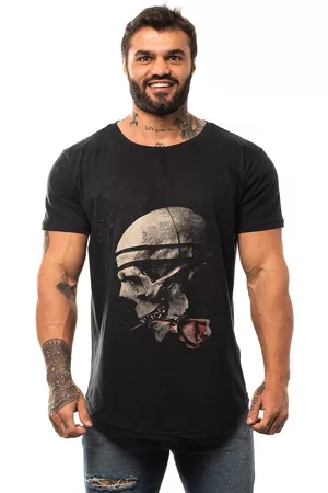 Alto Conceito Camiseta Longline Masculina MXD Conceito para Academia e Casual Skull And Rose Preto Meia Malha