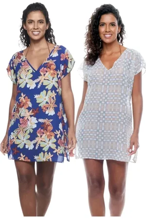 101 Resort Wear Vestido Decote V Laranja Branco Bege Azul Xadrez Floral
