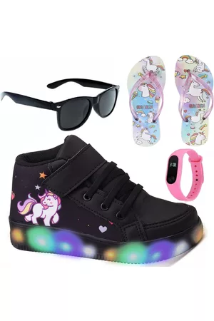 Venza Infantil - Tenis Feminino de Led Botinha Unicornio Meninas Calce Facil + Chinelo + Oculos + Relogio