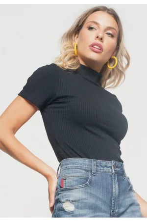 Salvatore Fashion Blusa Salvatore Gola Alta Malha Canelada Preta