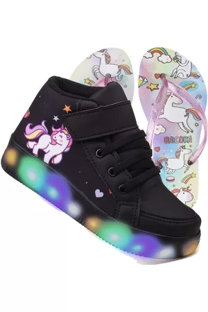 Venza Infantil - Tenis Feminino de Led Botinha Unicornio Meninas Calce Facil + Chinelo