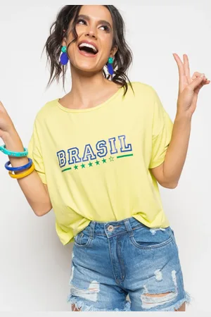 Salvatore Fashion Cropped Brasil Amplo Manga Curta Malha Salvatore Limão