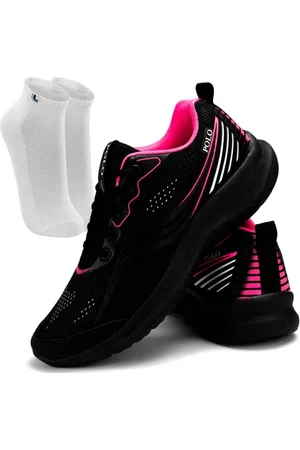 Ferrareto Calçados Kit Tênis Feminino Polo Running Academia Caminhada Preto Pink + Meia Lupo Algodão Branca