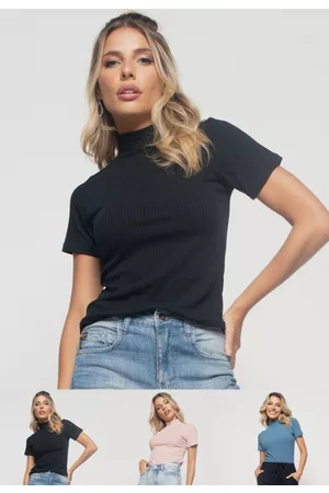 Salvatore Fashion Kit 3 Blusas Salvatore Gola Alta Comfy Malha Canelada Preta, Rosa e Azul