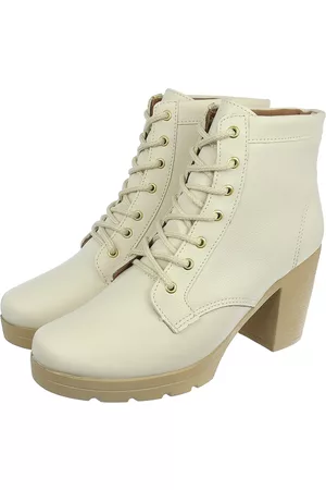 Donatella Shoes Bota Coturno Feminino Salto Alto Cano Médio Off White