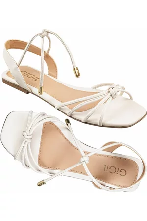 Gigil Sandália Rasteira Tiras fina Amarração Off White