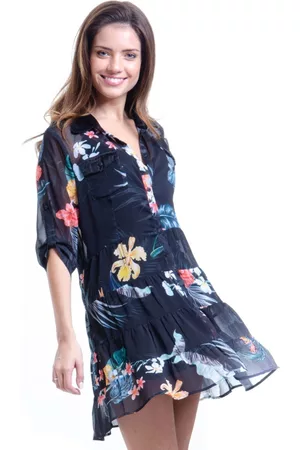 101 Resort Wear Chemise Evasê Saida Crepe Semi transparente Floral Fundo