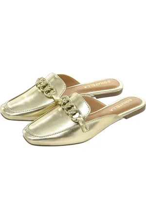 monté Sapato Mule Femino Donatella Shoes Bico Quarado Corrente Colorido Metalizado Ouro Light