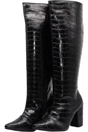 Flor da Pele Bota Feminina Salto Grosso Cano Alto 1815 Croco Preto