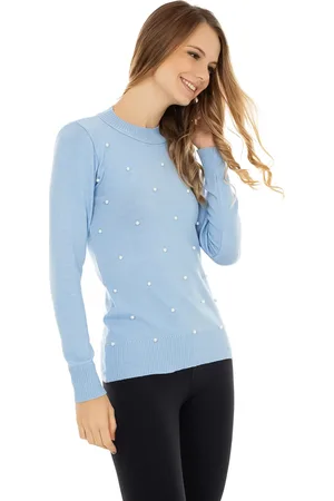 Pink Tricot Blusa de Tricô Manga Longa Modal com Pérolas Azul Claro