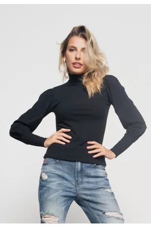 Salvatore Fashion Blusa Salvatore Princesa Manga Longa Canelada Preta