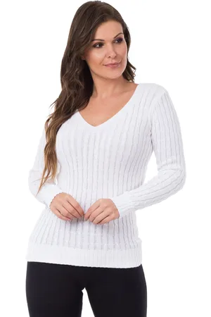 Pink Tricot Tricô Blusa Manga Longa Decote V Trançada Branca