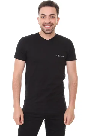 Calvin Klein Camiseta Swimwear Masculina V-Neck Slim Fit Logo Preta