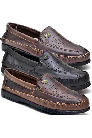 Eleganci Kit 3 Pares Sapato Masculino Sapatilha Mocassim Couro Preto e Caramelo