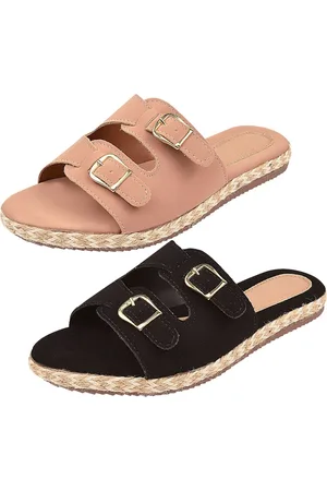 Tati Ana calçados Kit 2 Pares Sandália Rasteiras Com Ajuste Fivela Preto / Nude