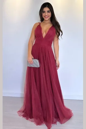 Vestido Longo de Festa Plus Size Curvy Micro tule com Brilho Renda Luciana  Marsala