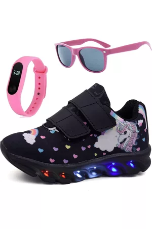 CALCADOS LGHT LIGHT Infantil - Tênis Feminino de Led Unicornio Menina Tira Colante com Óculos e Relógio
