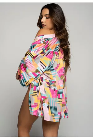 Vicbela Saida de Praia Kimono Curto Estampado Manga Longa Camisão De Amarrar Proteção UV