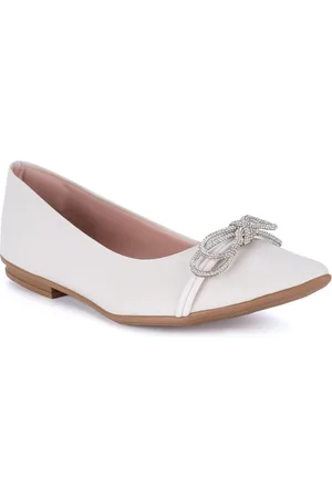 Domidona Sapatilha Feminina Laço Com Strass Bico Fino Luxo Elegante Off White