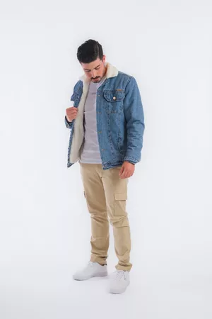 Aero Jeans Jaqueta Jeans Escura Forrada com Pelo Off White