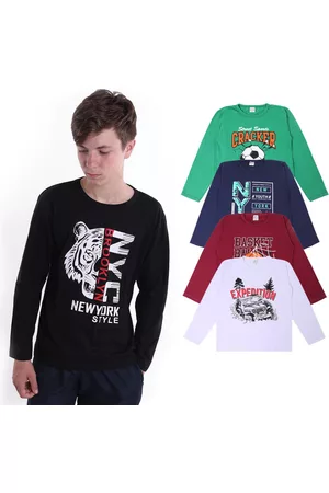 CFAstore 5 Camisetas Masculina 100 Algodão Camisas Juvenil de Menino Manga Comprida