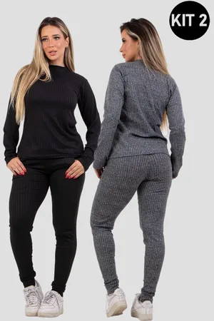 4 Estações Kit 2 Conjuntos Canelado Manga Longa Blusa Canelada Calça Jogger Cintura Alta Liso Preto/Cinza