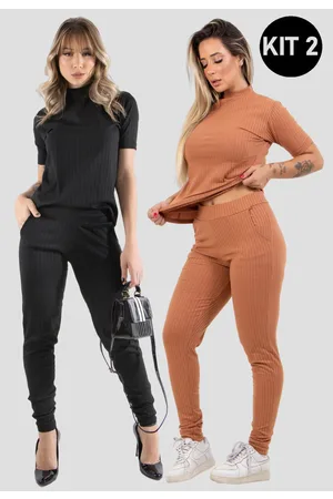 Conjunto Feminino Plus Size Canelado Jogger Liso Manga Curta