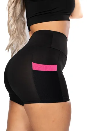 FRISTYLE Short Fitness com Bolso Rosa Cintura Alta Academia Preto