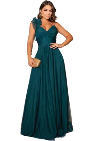 Cia do Vestido Vestido Longo de Festa Micro Tule Detalhe na Alcinha Marjorie Petróleo