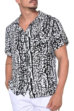 RAIZZIS Camisa Masculina Estampada Manga Curta Gola Esporte Preto e Branco