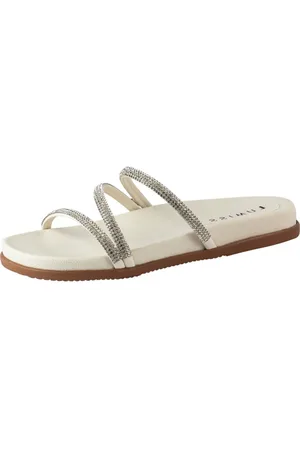 Lumiss Sandália Papete Feminina Tiras Strass Brilho Confort Rasteira Off White