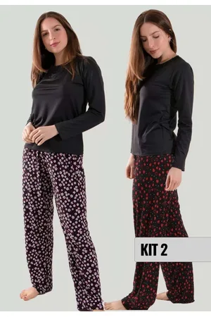 Linha Noite Kit Com 02 Pijamas Manga Longa Inverno Liganete Calça Estampada