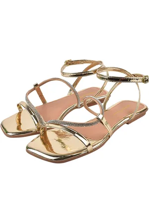 monté Sandália Rasteira Feminina Donatella Shoes Bico Quadrado Rasteirinha Entrelaçada Metalizado Brilho Strass Ouro Light