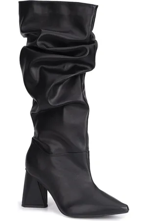 Domidona Bota Feminina Slouchy Enrugada Salto Geométrico Bico Fino