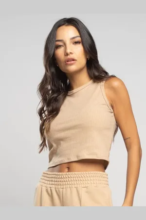 Vicbela Blusa Cropped Regata Ribana Canelada Gola Redonda