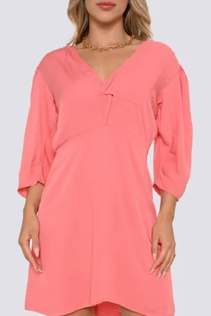 RAIZZIS Vestido Curto Manga 3/5 com Decote em V e Nó Frontal Salmão