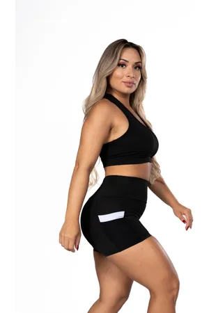 FRISTYLE Short Fitness com Bolso Branco Cintura Alta Academia