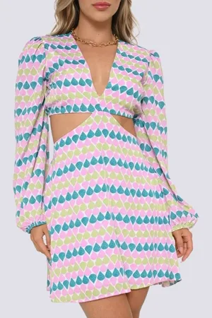 RAIZZIS Vestido Feminino Curto de Manga Longa com Aberturas Laterais Estampado