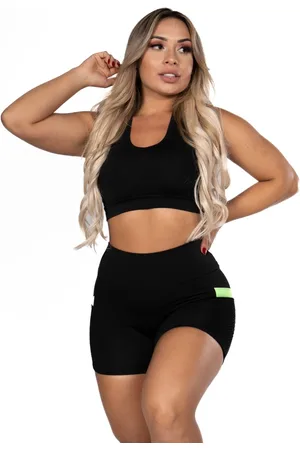 FRISTYLE Short Fitness com Bolso Verde Cintura Alta Academia Preto