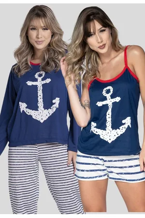 Bella Fiore Modas Combo Pijamas Manga Longa Calça e Alça Fina Short Âncora