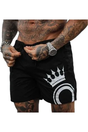 Relaxado Bermuda Short Preto Coroa Branca Moda Praia Estampado