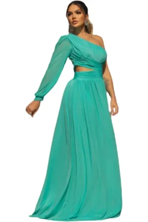 Cia do Vestido Vestido Longo de Festa Premium Micro Tule Uma manga Monyse Tiffany Multicolorido