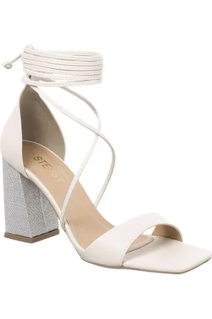 Stessy Shoes Sandália Feminina Brilho Strass Salto Alto Bloco Amarração Off White Com Metalizado