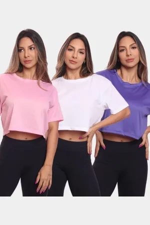 ADRIBEN Kit 3 Cropped Manga Curta Feminino Dry Proteção UV Blusa Blusinha Academia Treino Colorido