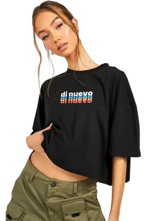 Di Nuevo Camiseta Cropped Oversized em Algodão Estiloso Com Logo Colorida