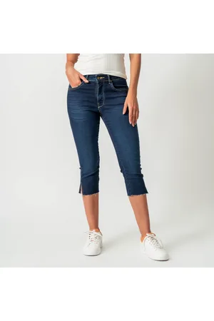 Bloom Calça Jeans Capri Confort Cintura Alta Fendas Azul Escuro