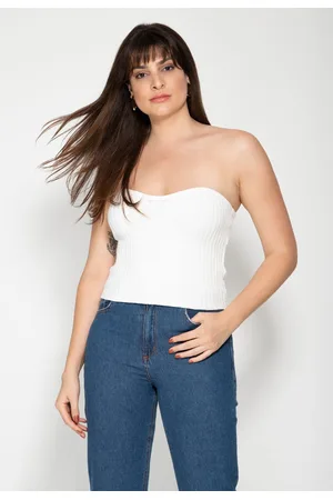 Pink Tricot Tricô Blusa Top Sem Alça Decote Coração Modal Feminino Branco