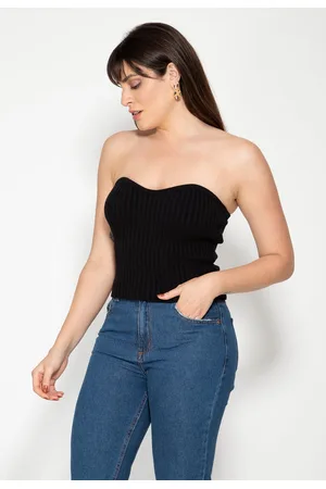 Pink Tricot Top Blusa Sem Alça Fashion em Tricô Feminino Preto